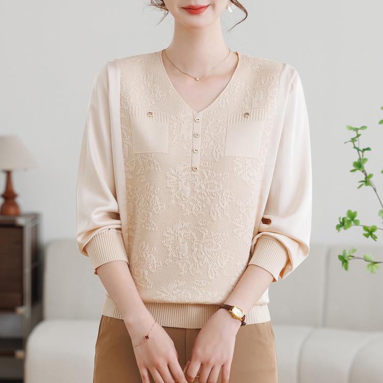 

Mother s V-Neck Patchwork Knit Top – Silk Satin Pullover for Commuting XL бежевий