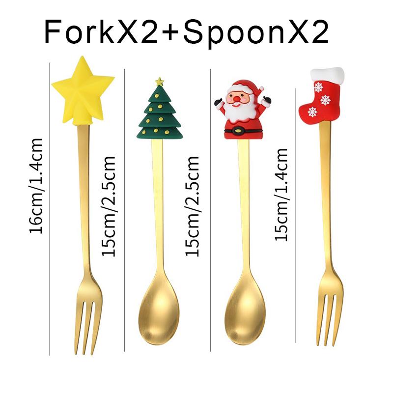 4pcs Christmas Spoon Fork Set Christmas Gifts Santa Xmas Elk Fruit Fork Coffee Spoon Cutlery Set Xmas New Year Tableware Decor