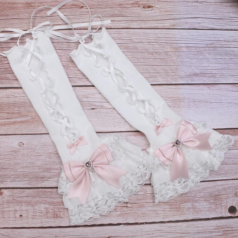 Sweet Lolita Lace Bow Rhinestone Hand Sleeves False Sleeves Lolita Hand Sleeves for Women's Jewelries
