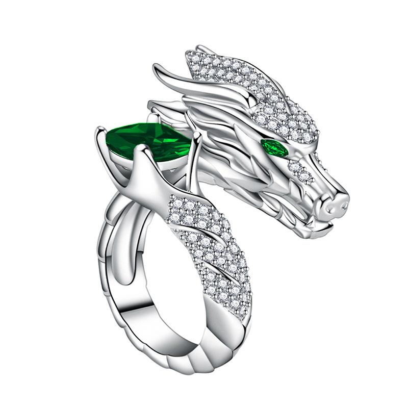 Heavy Industry Open Ring, Oriental Dragon Domineering Ring, Shiny Square Diamond Inlaid Jewelry