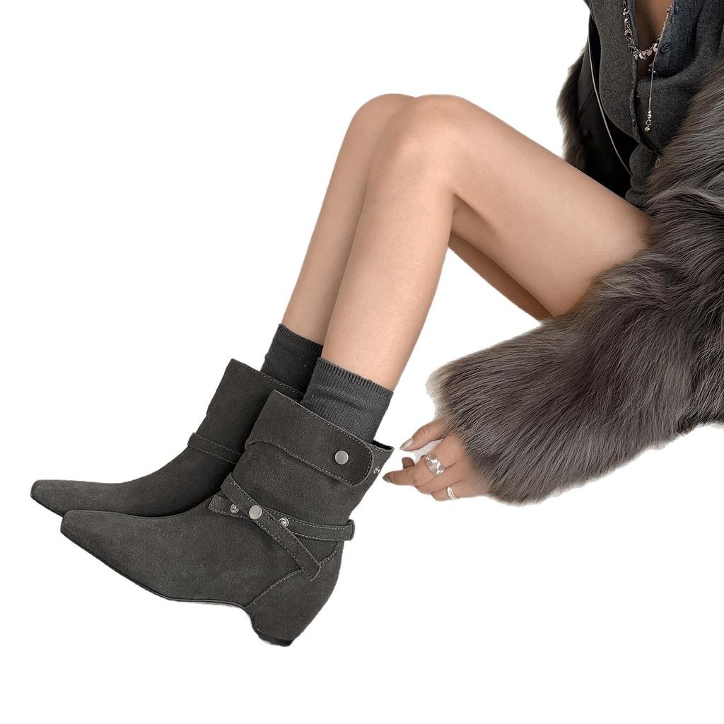 Vintage western cowboy style belt buckle short women's boots autumn and winter versatile square head thick heel knight boots