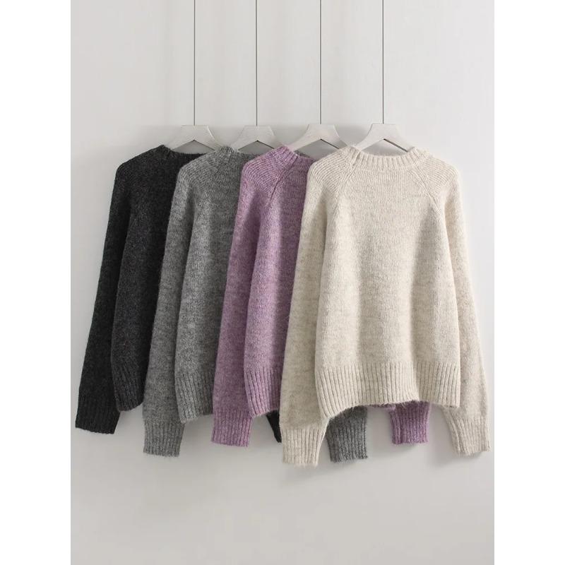 Streamgirl Winter Gray Sweater Flower Women Loose Knit Pullovers Purple Knitwear Vintage Warm Flower