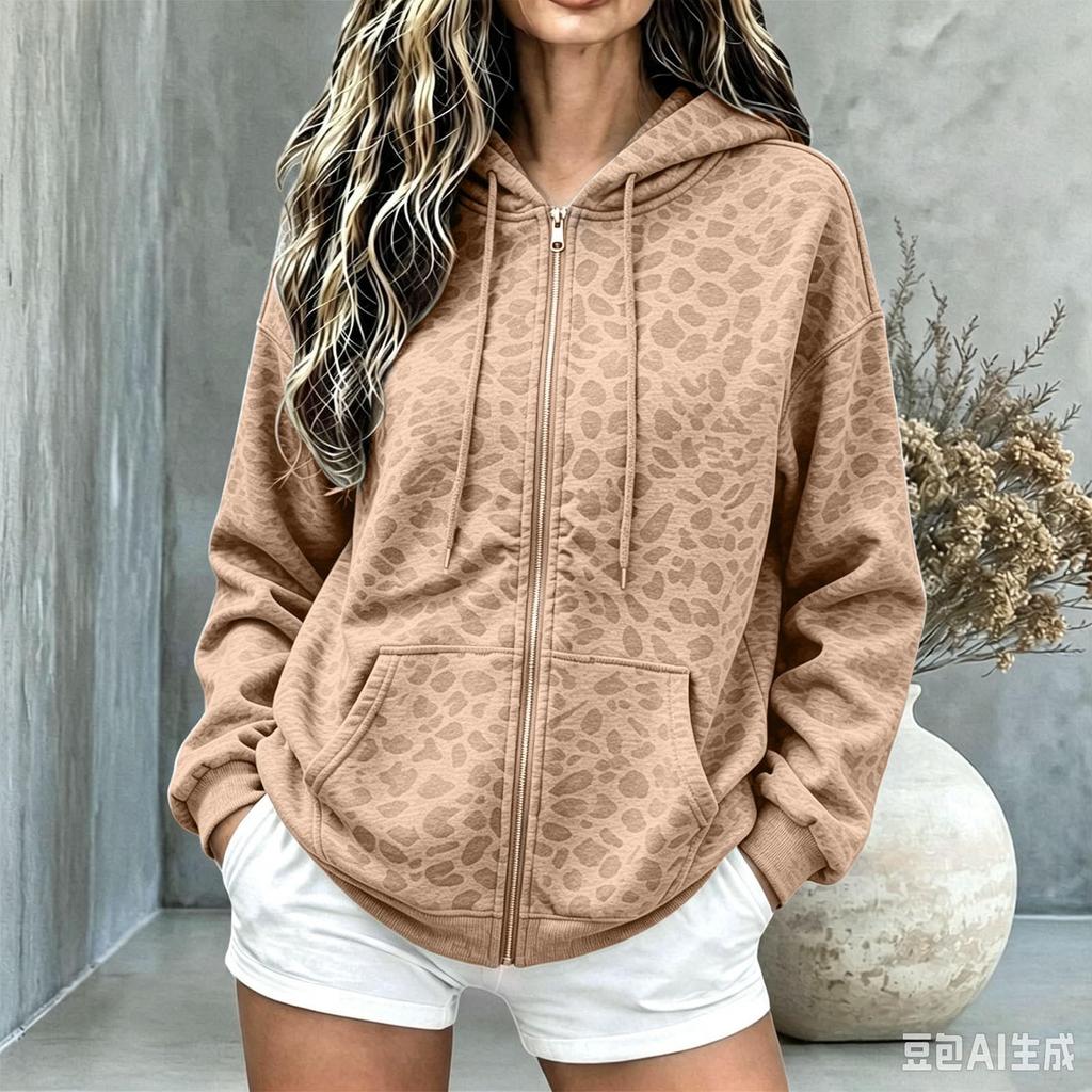Damen Lässiger Lockerer Kurzer Kapuzen-Reißverschluss-Strickjacke