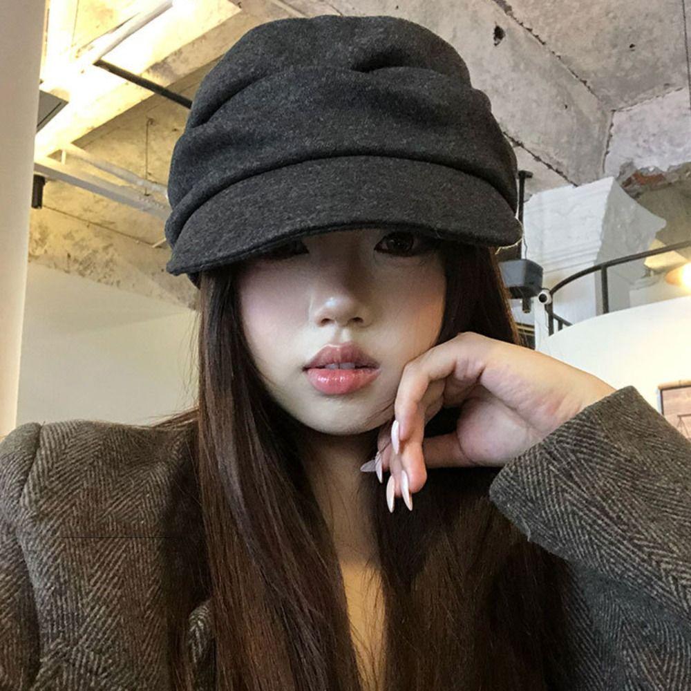 Brown Pleated Octagonal Hat Black Eequestrian Hat Personality Wool Beret  Autumn