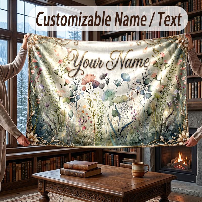 Floral Garden Theme Throw Blanket Custom Name Text Personalized Blanket Soft Cozy Blanket for Home Sofa Bed