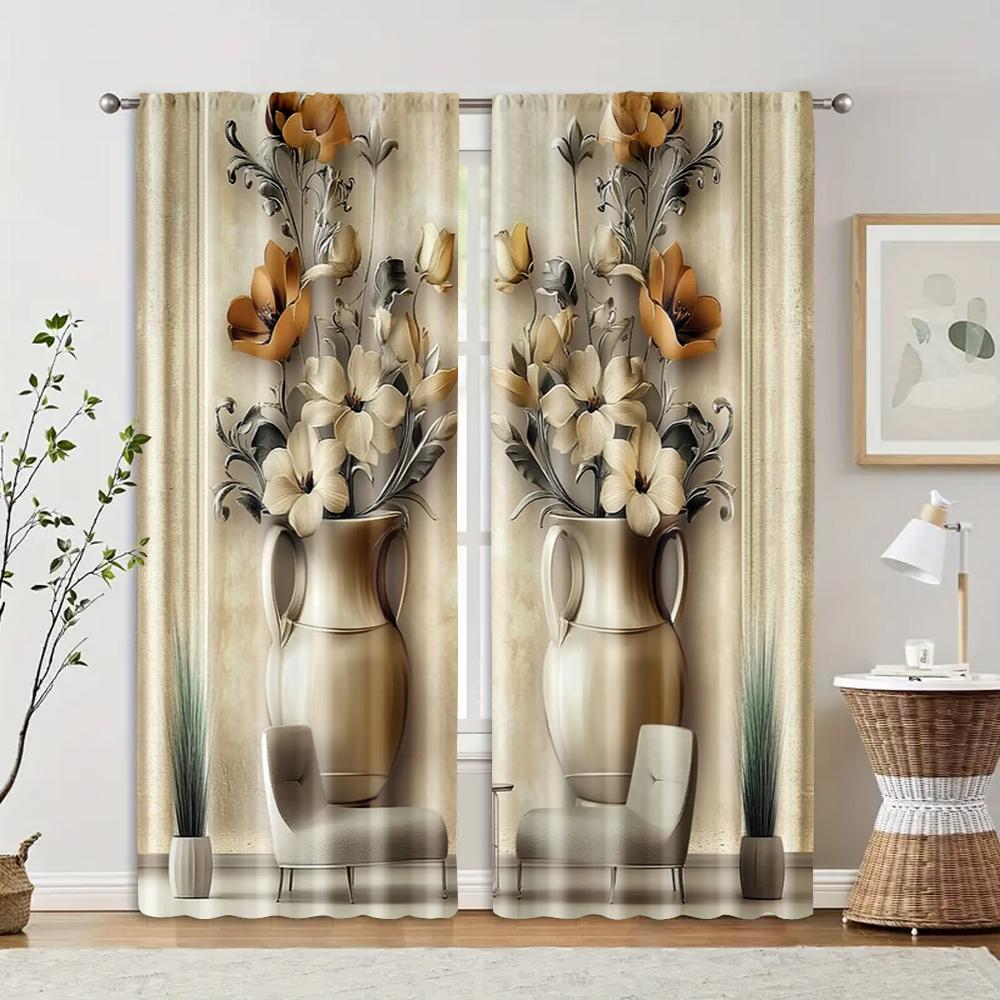 2pcs   Curtains 2D print Vase Floral Print Versatile Fabric (without rod) Outdoor Decorations Ldeal for Living Room and Bedroom