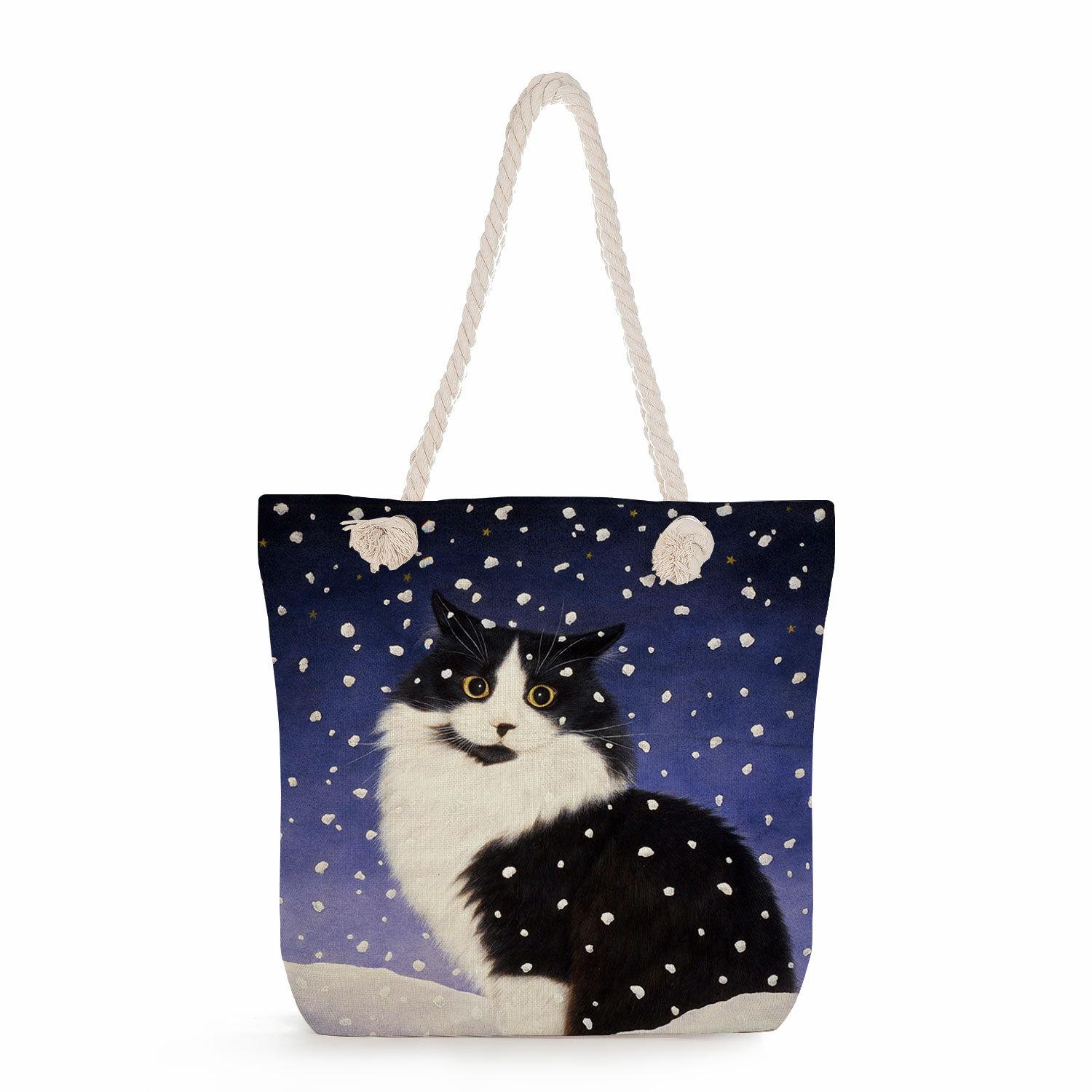 Flower Cat print thick rope single-shoulder beach bag 7262