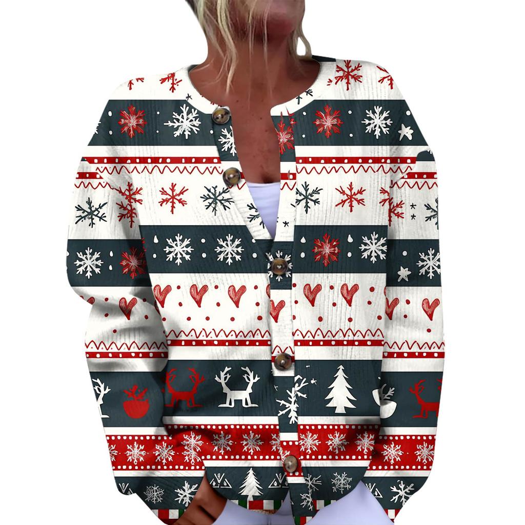 Women's Fashion Christmas Printed Long Sleeve Knitted Cardigan Button Down Jacket