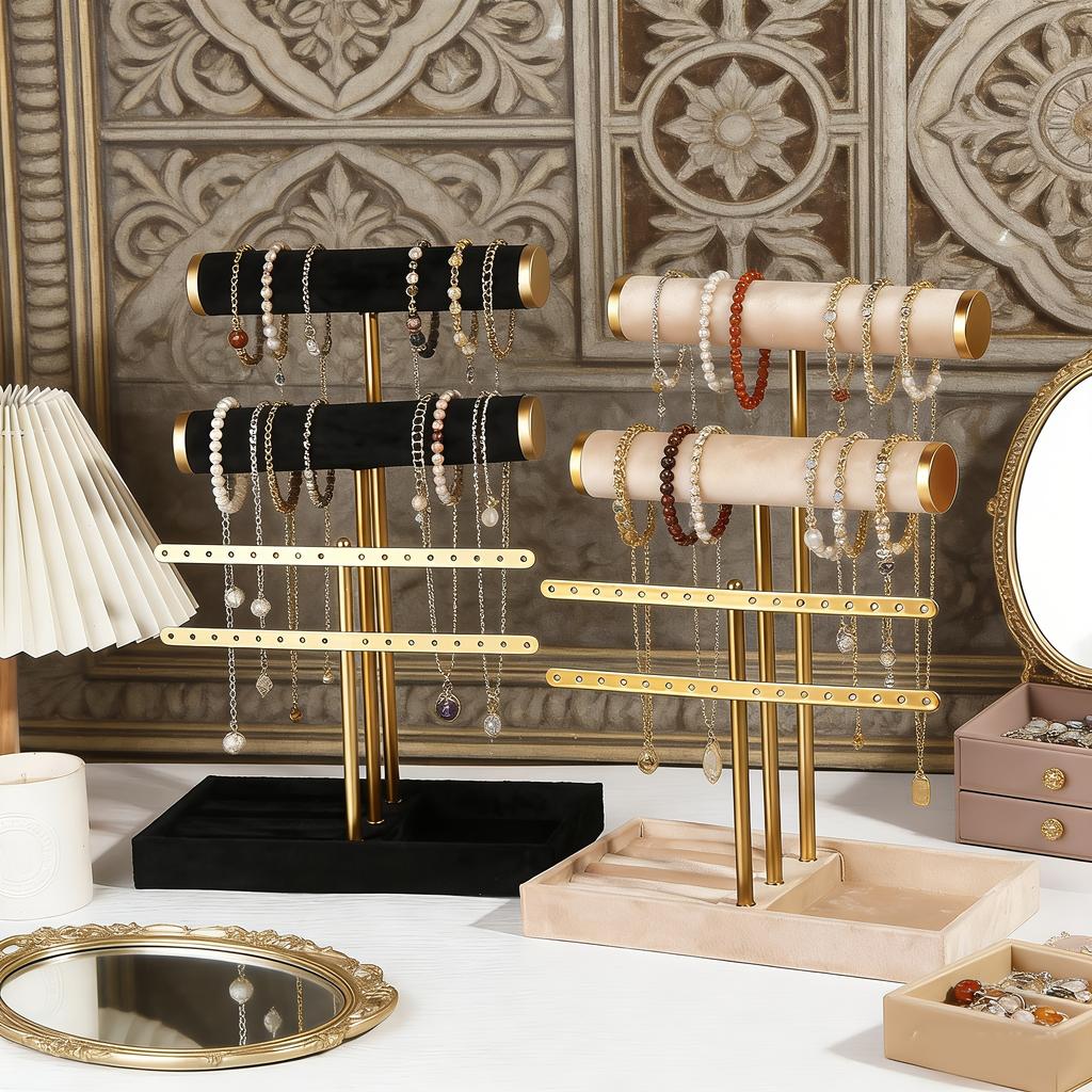 1Pc Of Light Luxury Style Jewelry Storage Rack. Black And Gold Color Scheme, White And Gold Color Scheme. Multi-Layer Design. For Organized Displa