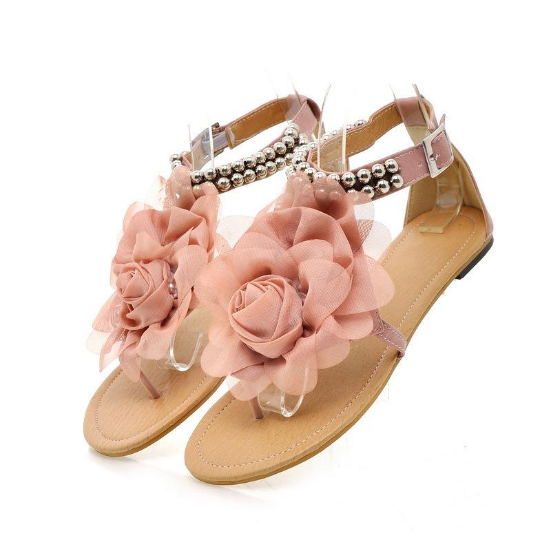 Summer new flower beaded sandals women's large size toe flat bottom buckle beach sandals women