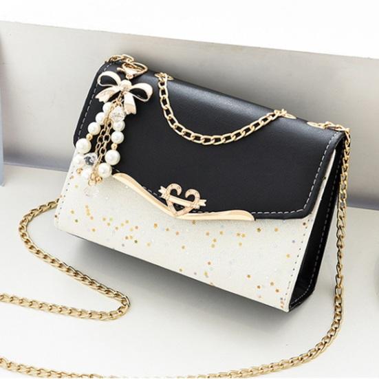 Women Shoulder Bag Faux Pearl Bow Pendant Decor Sequin Hard Shell Faux Leather Crossbody Bag Commuting Travel