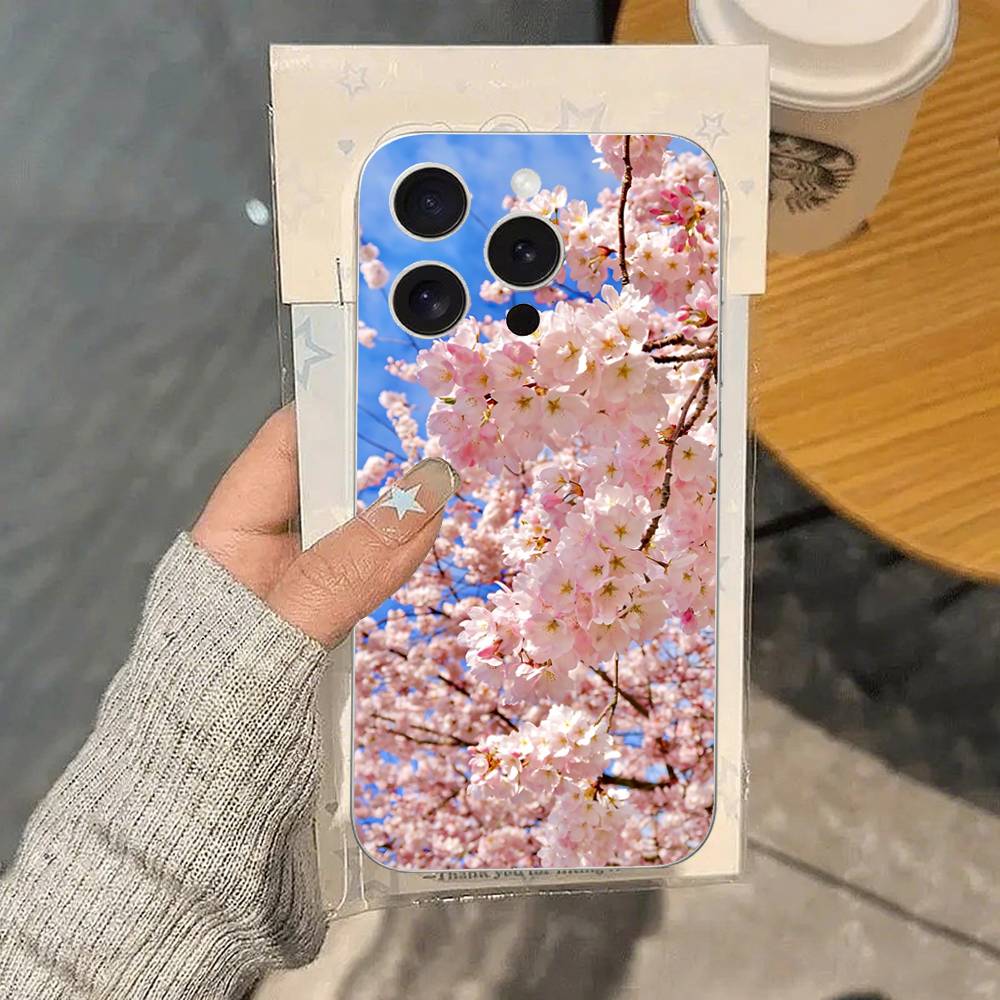 Pink Sakura Phone Case For IPhone 17 16 15 14 Plus 13 12 11 Pro Max Phone Back Cover Transparent Shockproof Cover