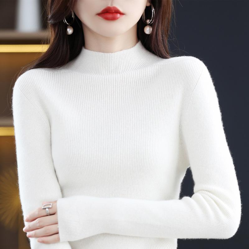 Women's Slim-Fit Korean Style 100% Wool Sweater, Half-High Neck Knit Base Layer for Autumn/Winter