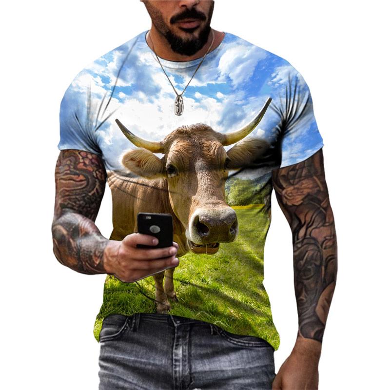 New 3D Funny Animal Cattle Graphic T Shirts Summer Men Fashion Personality Interest Printed Round Neck Short Sleeve Tees Tops