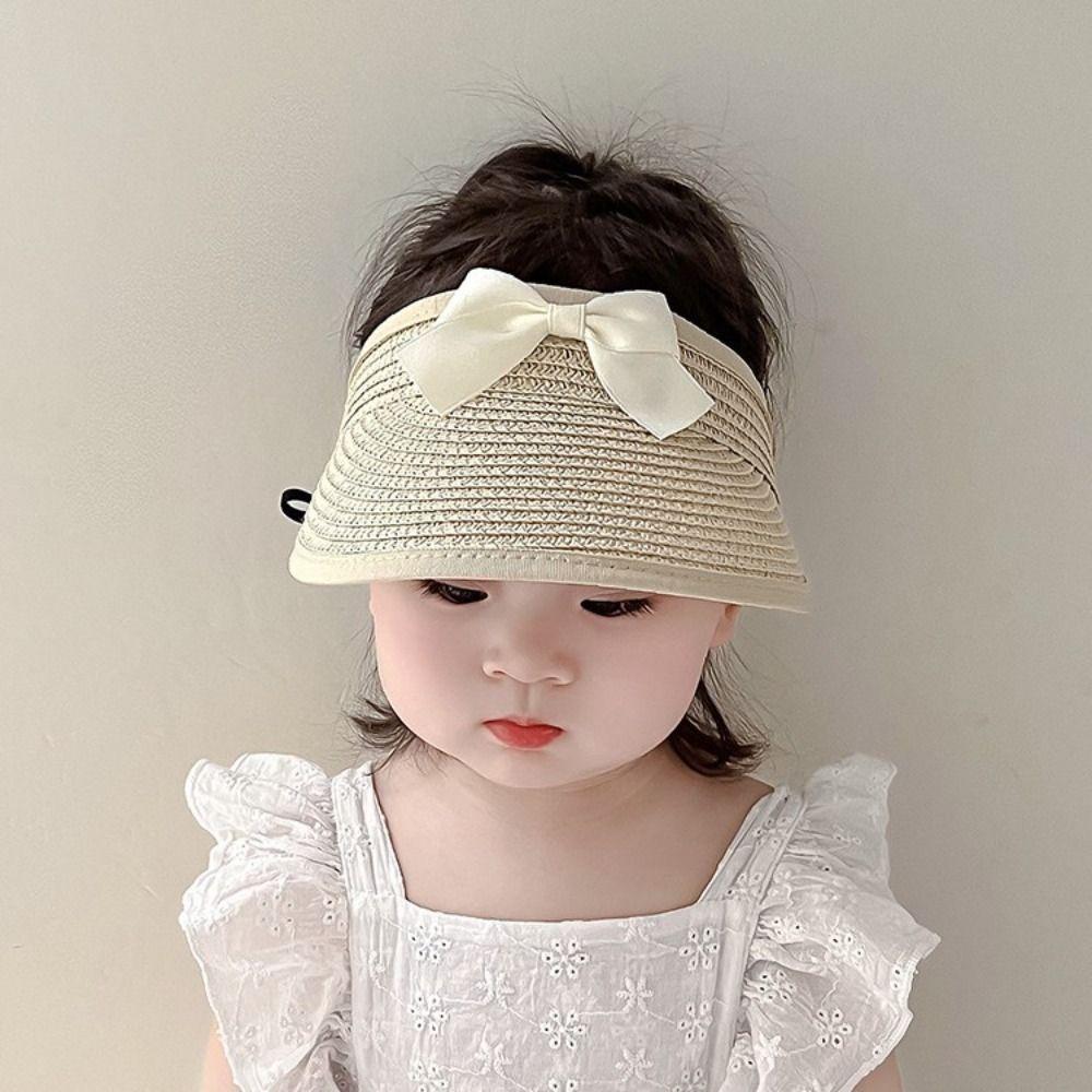 Korean Bow Straw Hat Empty Top Visor Cap Fashion Baby Straw Caps  Kids