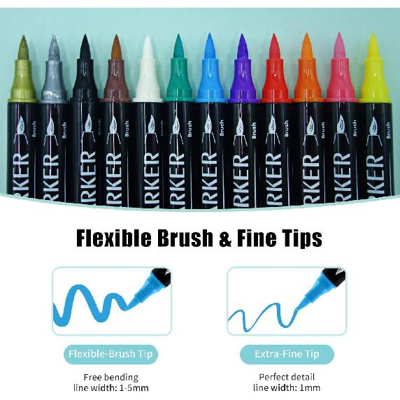 24 Colors Dual Tip Acrylic Paint Markers Pen Set with Brush Tip & Fine Tip Acrylic Marker Pens for Rock Wood Glass Fabric Canvas Paper Art Supplies