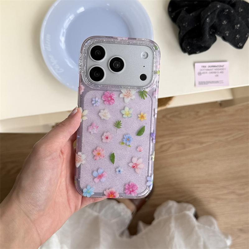 Cute Kawaii Purple Glitter Floral Phone Case For iPhone 17 16 15 14 Pro Max Pastel Flower Print Protective Cover for Girls