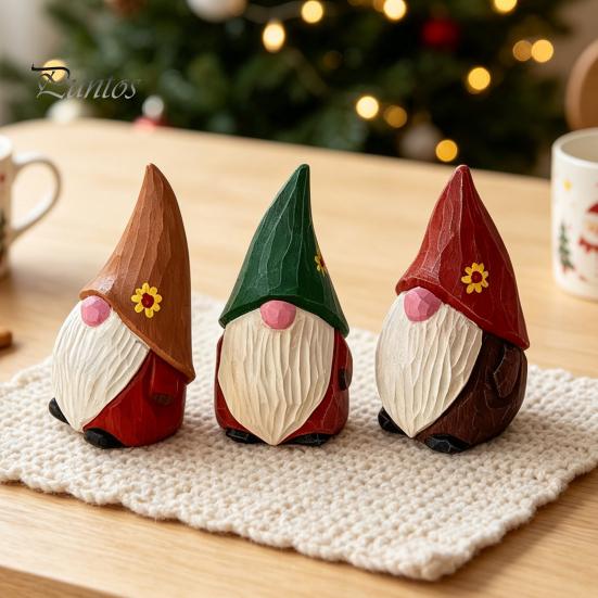 Wood Gnome Sculpture Carved Figurine, Farmhouse Rustic Faceless Dwarf Statue, Handmade Ornament Mini for Christmas Party Decoration Shelf Decor