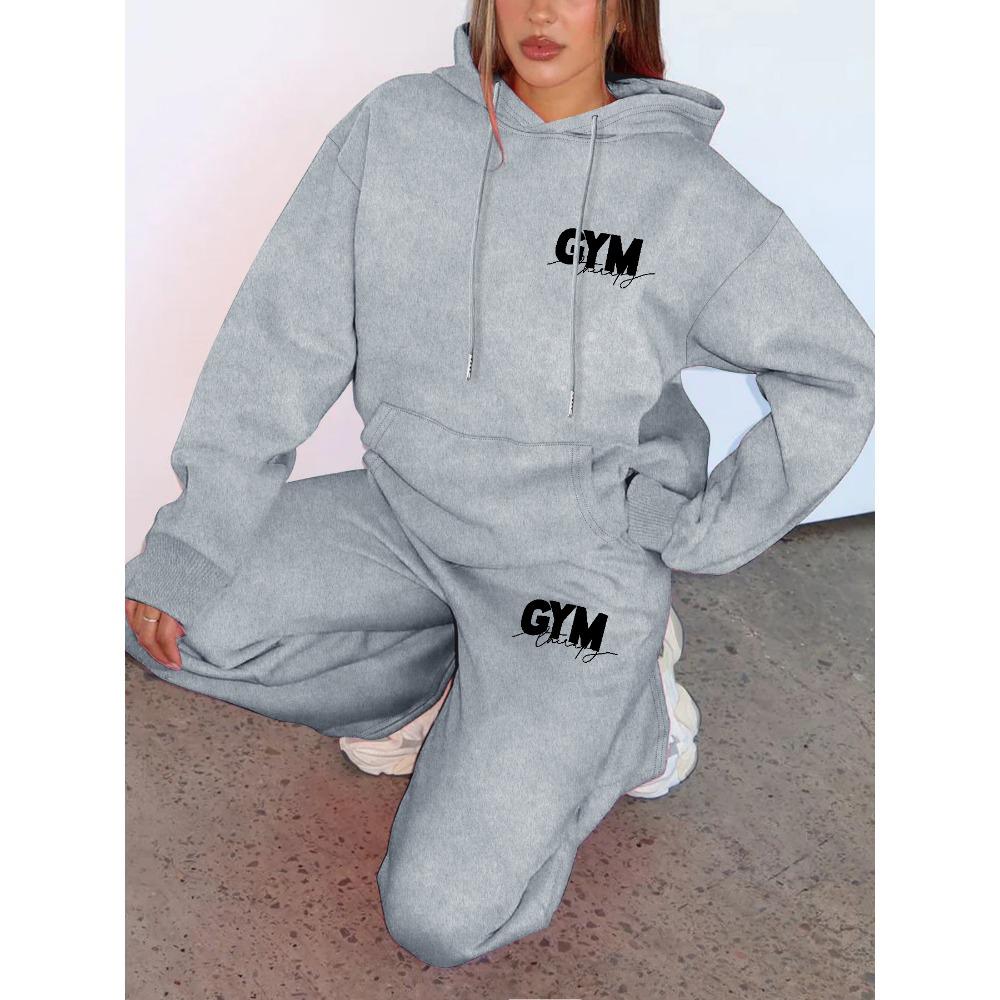 Set Trendy con Stampa di Lettere, Felpa con Cappuccio e Pantaloni Larghi da Ginnastica, Set Due Pezzi Pigro Casual, Set Stile Street