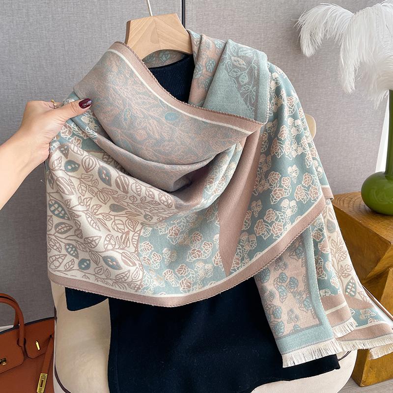 Luxury Cashmere Fallen Leaves Scarf Winter Women Pashmina Shawls Warm Blanket Wraps Female Foulard Bandana Thick Scarves Hijab