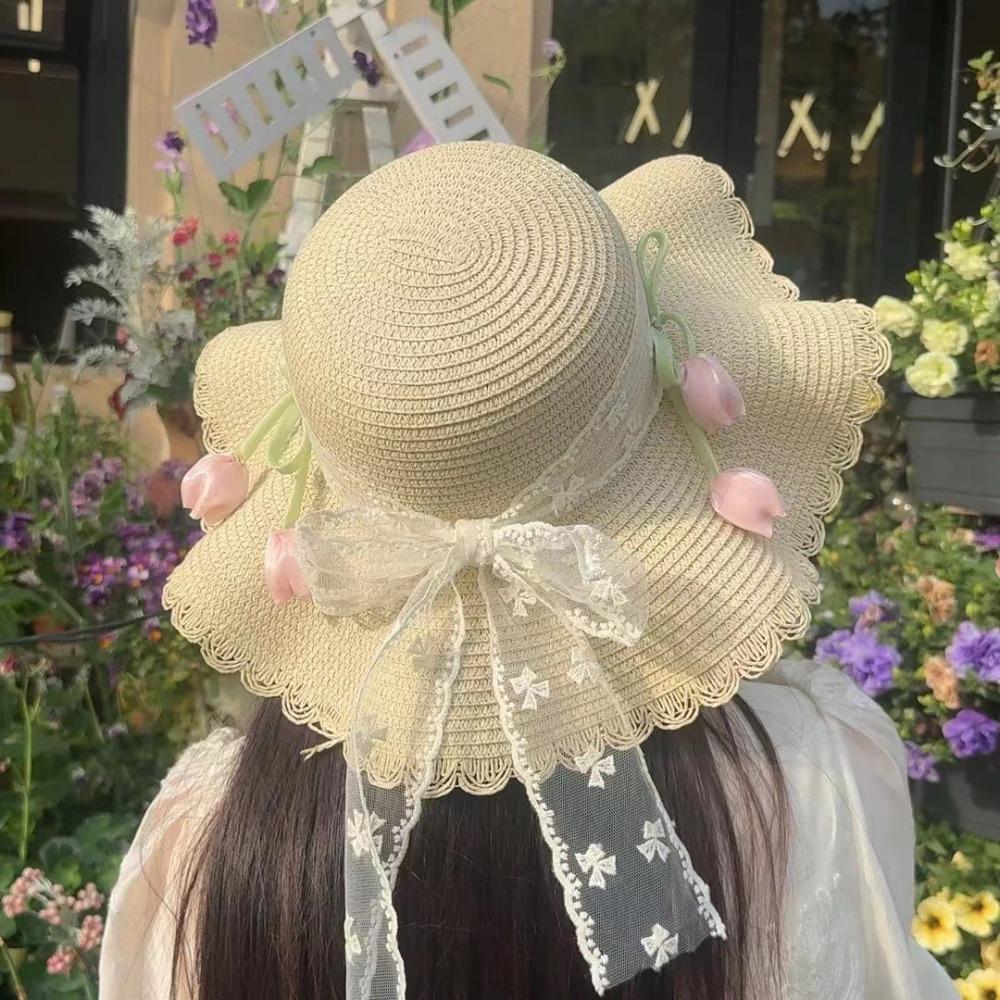 Wide Brim Straw Woven Hat Korean Style Bow Sunscreen Hat Simple Lace Tulip Sun Hat  Travel