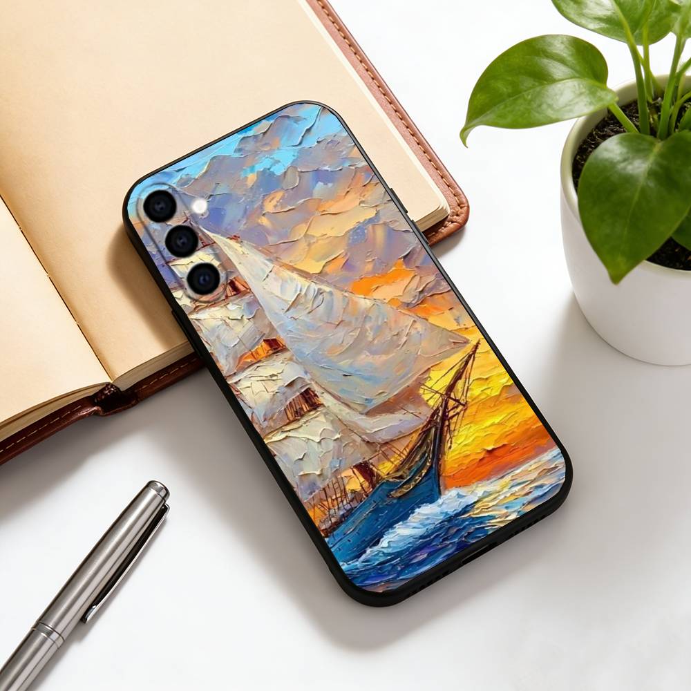 Ölgemälde Segelboot Handyhülle Für Samsung Galaxy A73,A72,A71,A70,A53,A52,A51,Weiche Silikon Schwarze Hülle