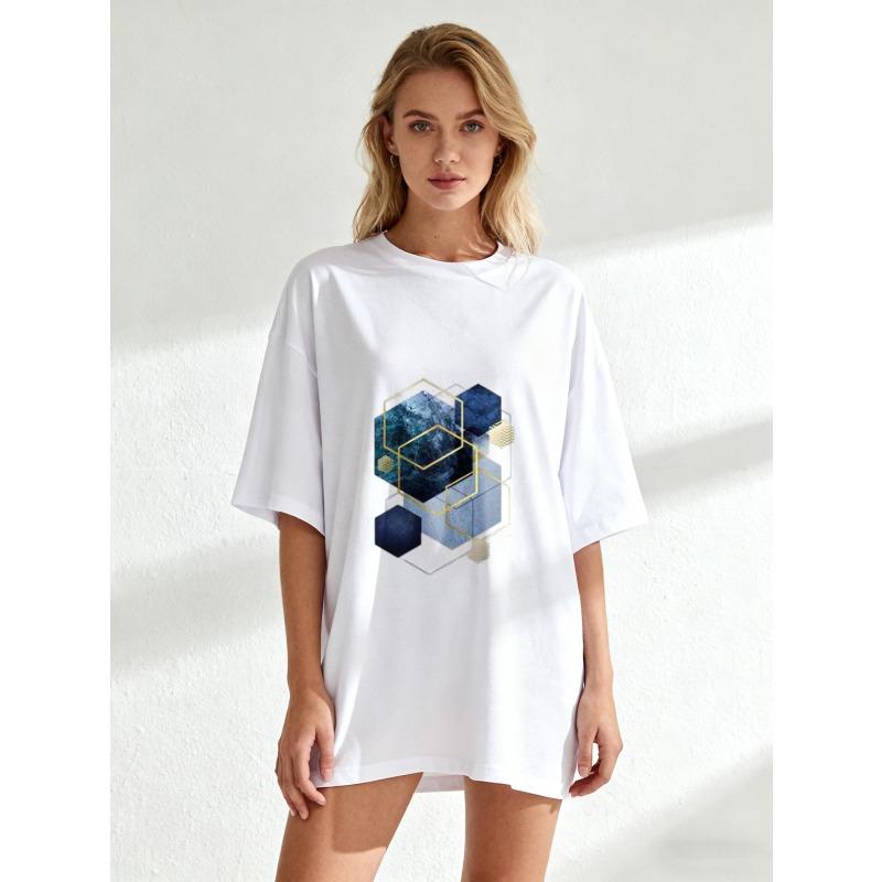 Women's Short-Sleeve T-Shirt with Blue and Gold Geometric 3D Hexagon Patchwork Art Print