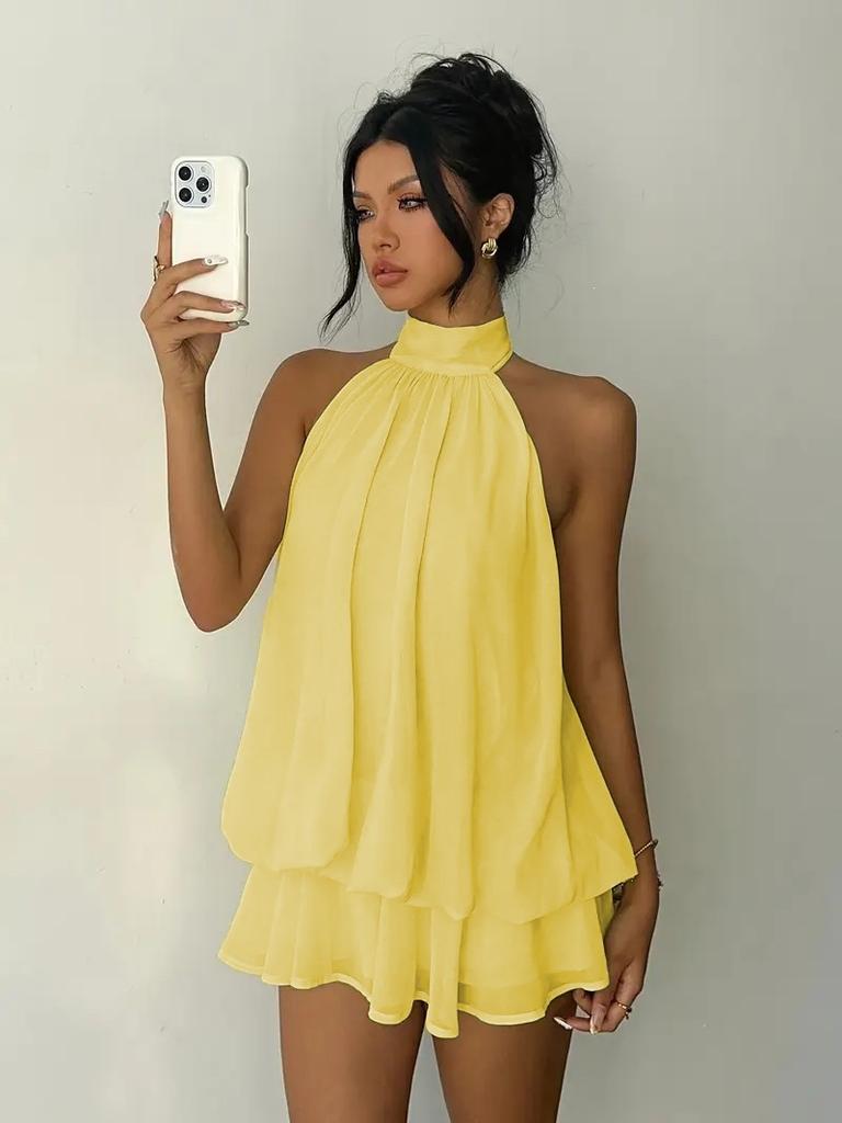 Abito da Donna Corto a Svasatura in Chiffon Casual Senza Maniche ad Collo Alto Mini Abiti da Festa