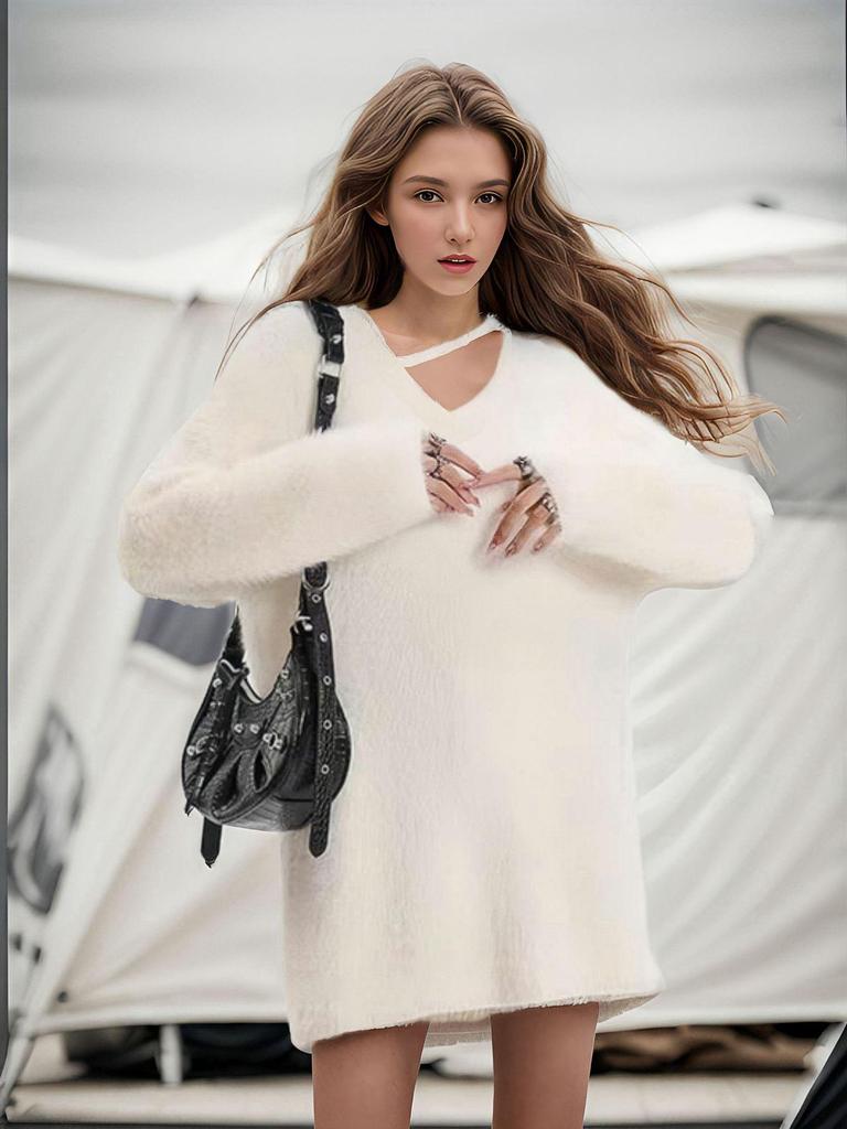 2025 Hollow V-Neck Faux Mink Velvet Sweater: Soft Knit Women's Solid Color Top