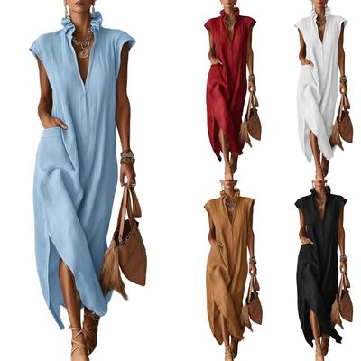 Modisches und lässiges ärmelloses lockeres V-Ausschnitt-Kleid aus Baumwolle und Leinen für Damen