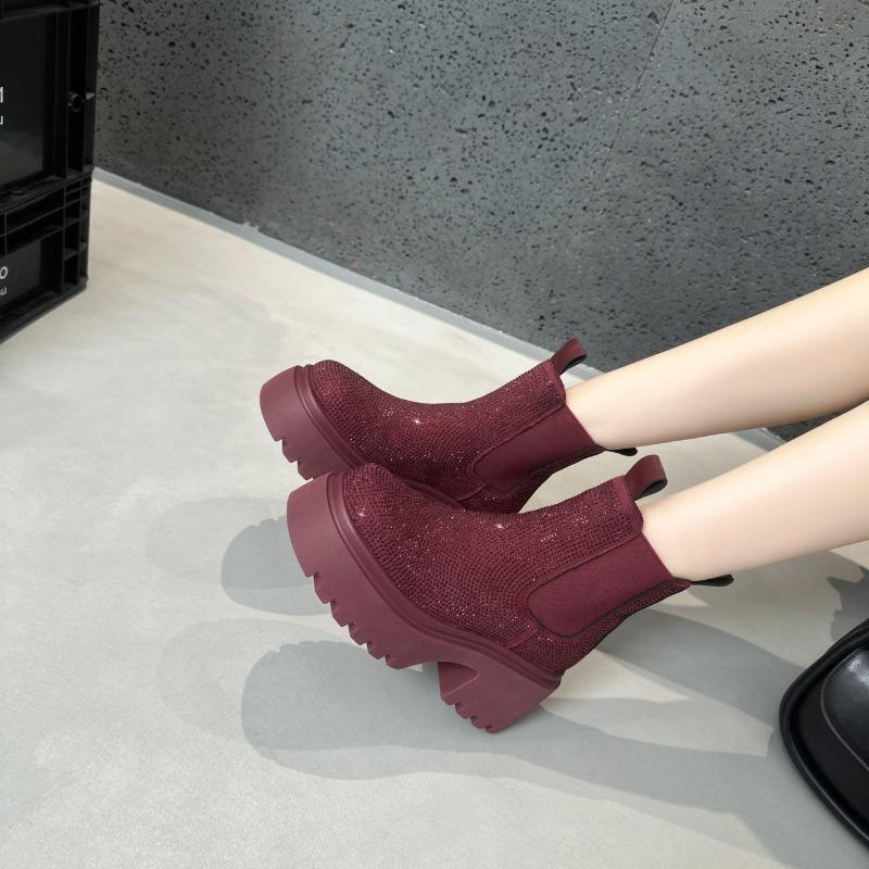 Fashion Full of Diamonds and Trifle Soles 2025 Autumn and Winter New Heightened British Style Chelsea Booties