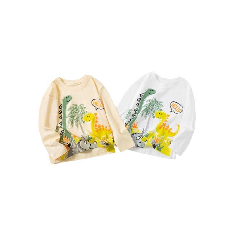 And Autumn Children's Clothing Boys' Long-Sleeved Shirts T-Shirts Kidsren's Cartoon Dinosaur Round Neck Tops Boys' Drop-Shoulder Pure Cotton Clothes