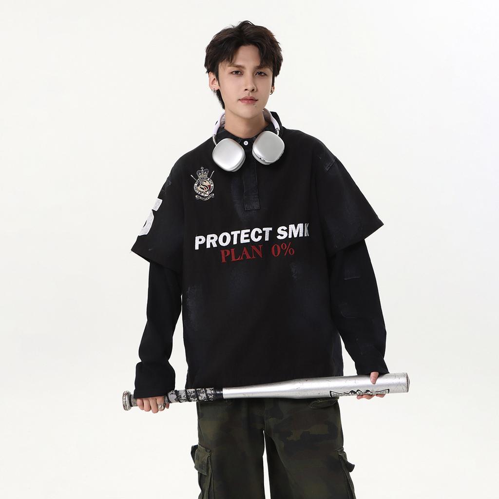 Street Tide Brand Wasteland Feng Shui Washing Dirty Dye Old American Jersey Fake Two Pieces Heavy Industry Embroidery Polo Collar Sweater Men