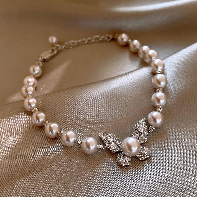 Manta Rose Shijia Pearl Bracelet Necklace Set Women'S French Micro-Inlaid Zircon Butterfly Bracelet Niche Neck Chain