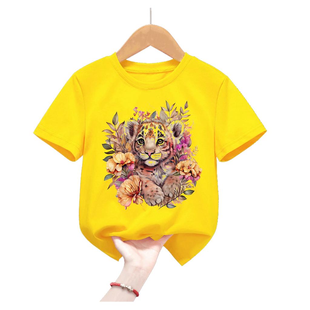 Kids Yellow Short Sleeve T Shirt Watercolor Floral Baby Tiger Cub Print Crew Neck  Casual Summer Boys Girls Top