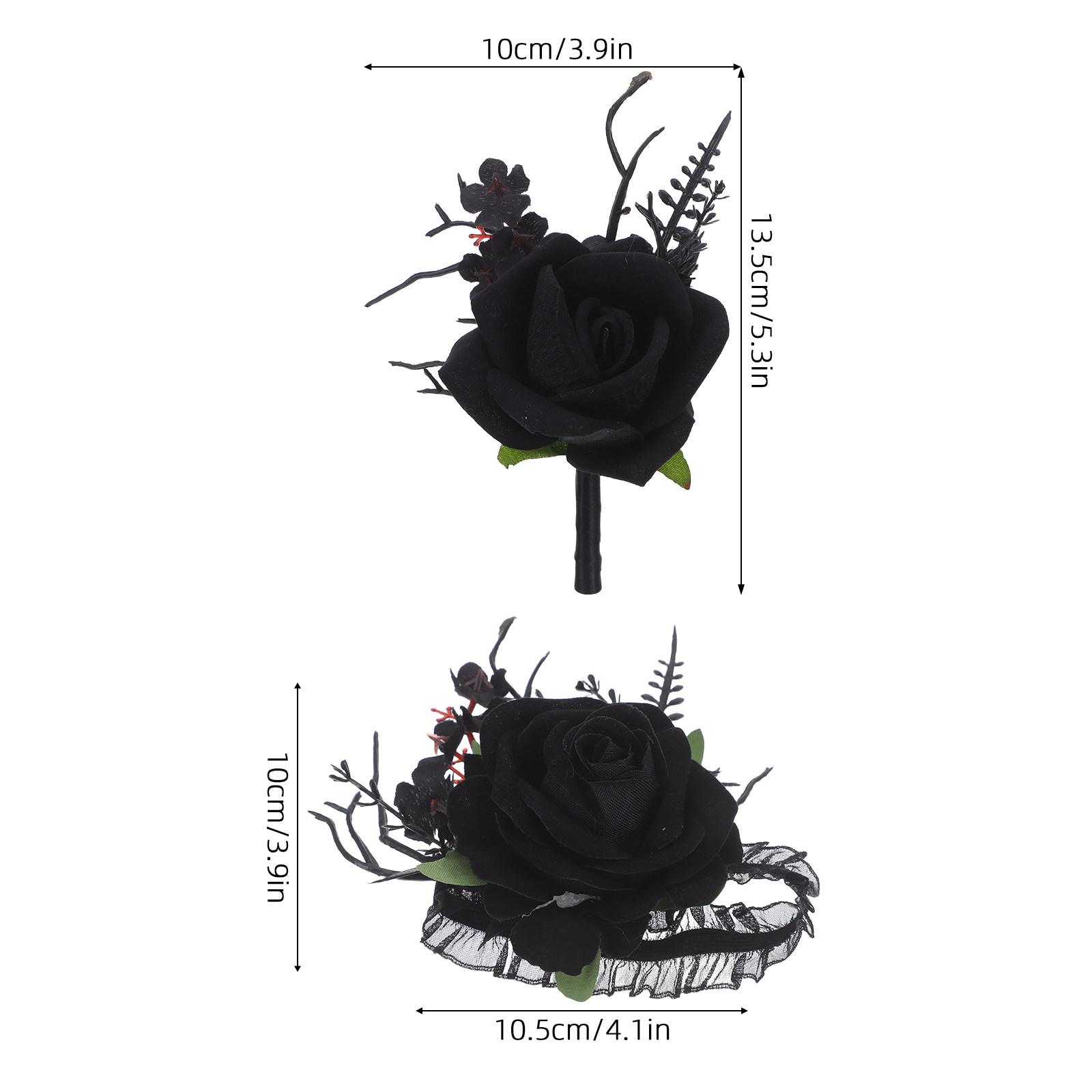 

Gothic Wrist Corsage and Lapel Boutonniere Set Faux Black Roses Dark Wedding Flowers Bride Bridesmaid Groomsmen чорний