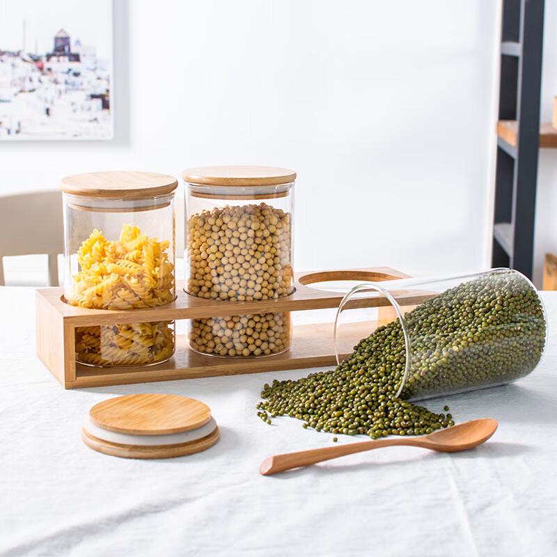 Glass Storage Jar with Bamboo Lid and Wood Rack