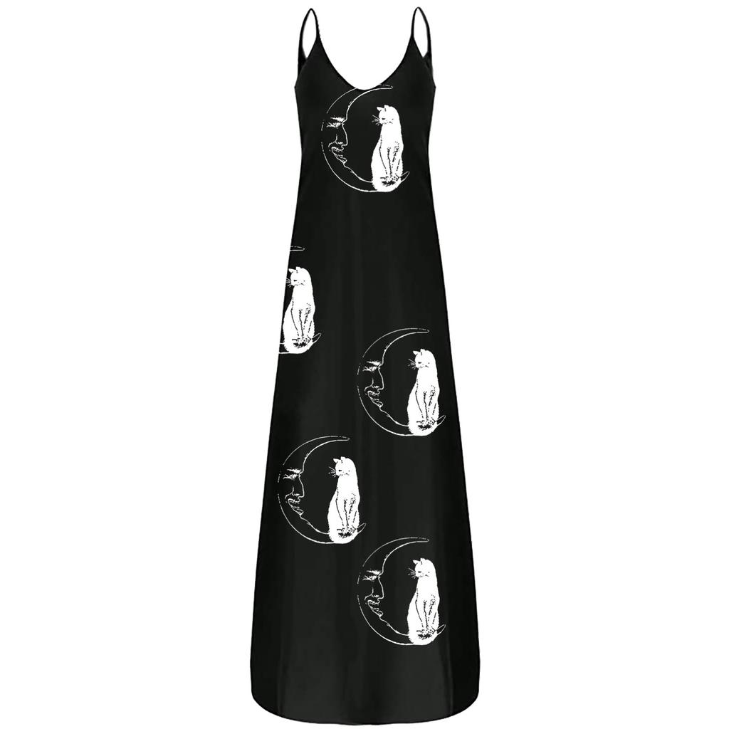 Women Fashion Large Size Print Sexy Deep V Sling Long Skirt Casual Dress