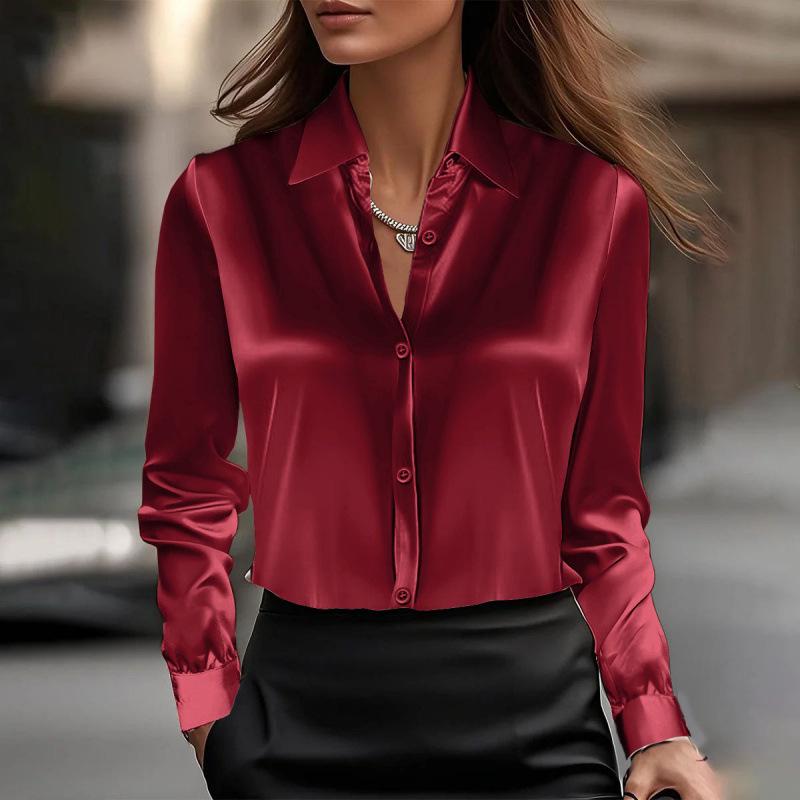 2025 Shein Elegant Long Sleeve Satin Swing Collar Top for Women - Spring/Autumn
