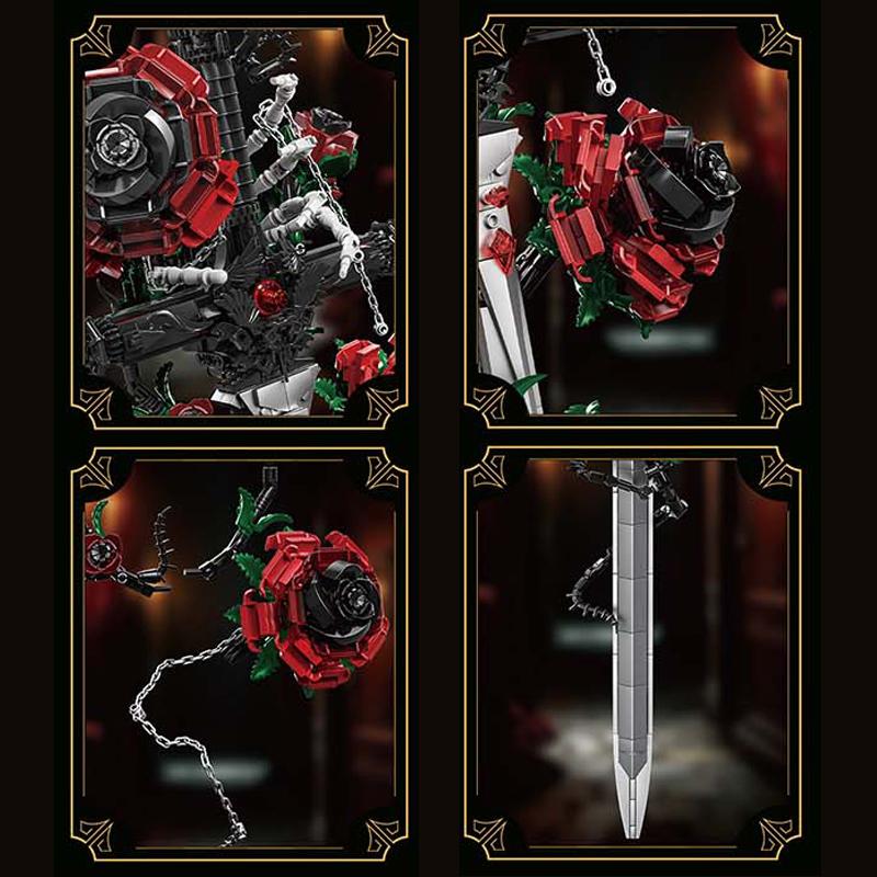 Black Thorn Sword Rose Building Blocks Gothic Style High Difficulty Assembly Model Creative Ornament Dark Style Gift