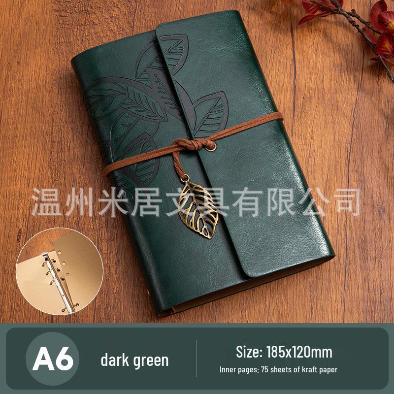 Retro A6 Leather Cover Notebook: Japanese Korean Style Planner & Travel Diary with Leaf Design and Strap.