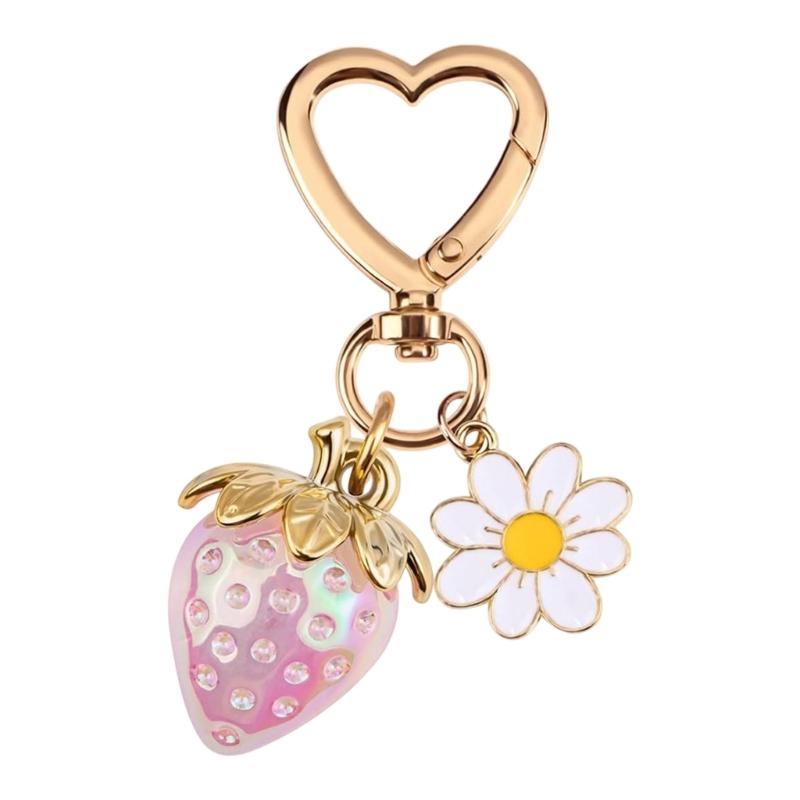 Romance Heart Shaped Resin Keychain With Strawberry Daisy Designs Portable Sturdy for Keys Bags Gifts