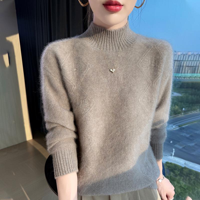 Women's Thick Wool Knit Sweater - Ribbed Half-High Neck, Long Sleeve, Loose Fit, Versatile Style.