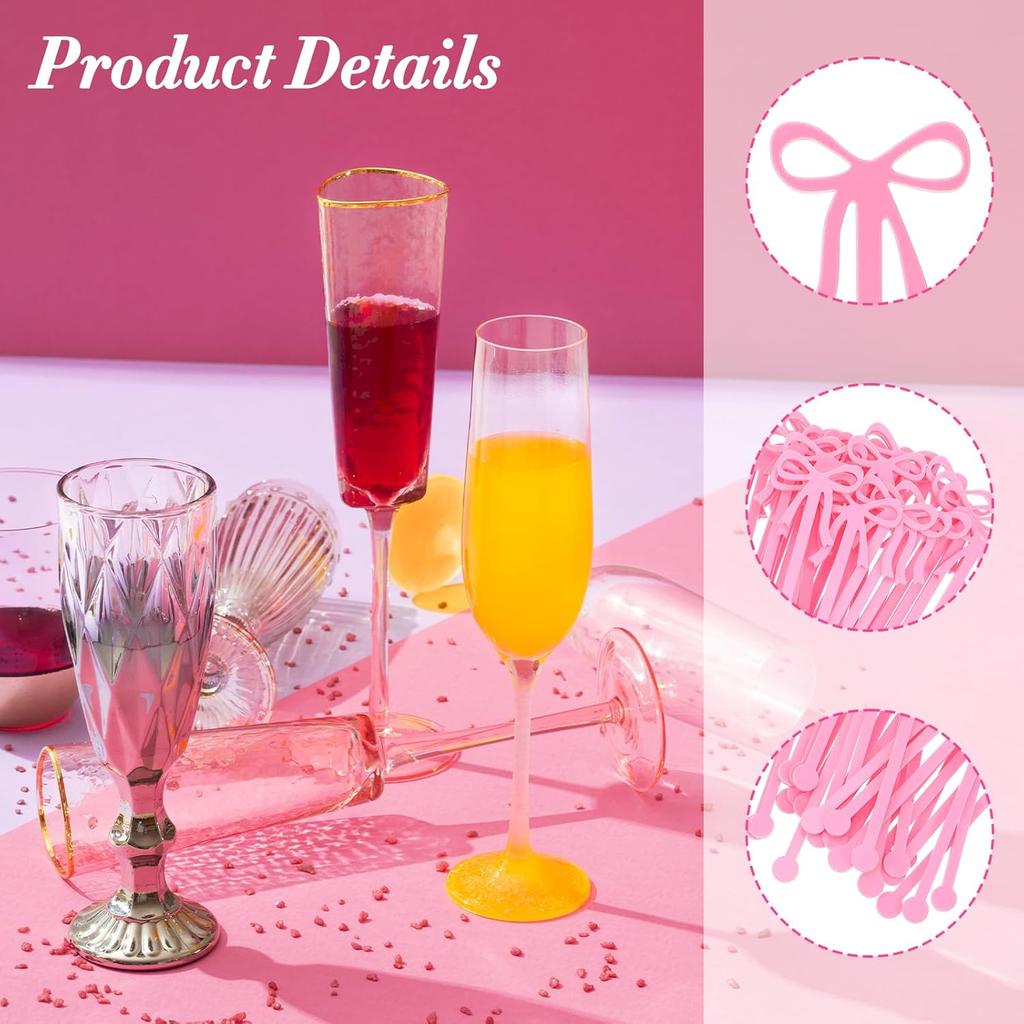 30 Pack Coquette Acrylic Bow Drink Stirrers, Pink Swizzle Sticks for Cocktail Coffee Reble Stirrers for Bachelorette Wedding Bridal Shower Party