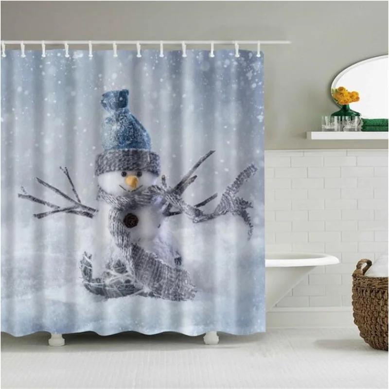 Merry Christmas Shower Curtain Christmas Home Decor Snowman Santa Claus Bathroom Curtain Polyester Fabric Bath Screen with Hooks