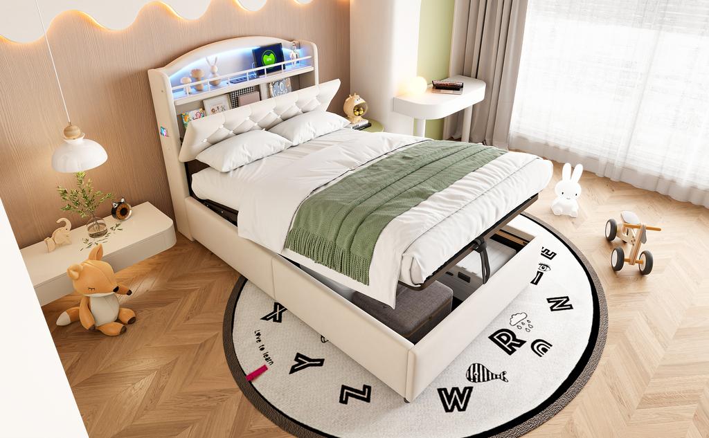 Children's Upholstered Bed 90x200, Velvet Single Bed Multifunctional Bed with Storage with LED and USB Beige