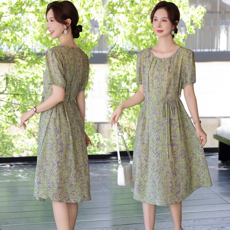 Xue Xi Mama 2026 Floral Slimming Summer Dress for Middle-Aged & Elderly Women - Short-Sleeve, Long Skirt