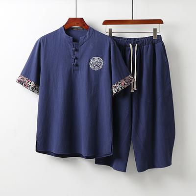 Herren-Sommer-T-Shirt mit dünnen Plattenknöpfen, Leinen, kurzärmelig, trendiger chinesischer Stil, Herren-Baumwolle und Leinen, Retro-Stehkragen, zweiteiliges Set