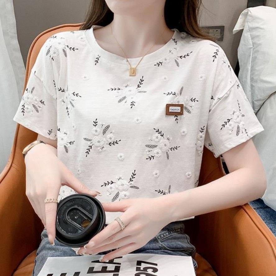 Damenmode Casual Sommer Frühling Blumenmuster Druck Kurzarm O-Ausschnitt Blusen & Hemden