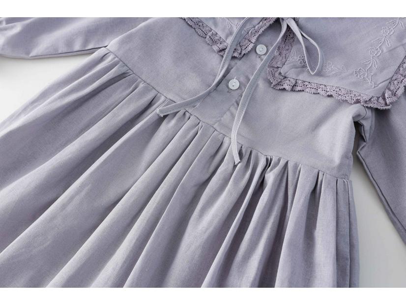 Girls' Spring Embroidered Lace Collar Long Sleeve Cotton Dress